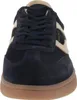 A close-up front view of a navy blue sneaker with beige accents and a brown sole. Anteprima dell’immagine prodotto