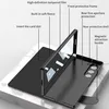 A black flip case for a smartphone is shown open, with labels pointing out its features. Anteprima dell’immagine prodotto