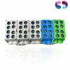 A row of electrical terminal blocks with screws, arranged on a white background. Produktbild-Vorschau