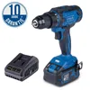 A cordless drill and its battery charger are shown against a white background. A circular badge indicating a 10-year warranty is visible. Produktbild-Vorschau