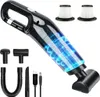 A black handheld vacuum cleaner with blue glowing accents, shown with various attachments and accessories, including two filters and charging cables, against a white background. Produktbild-Vorschau