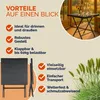 A graphic highlighting the features of a black outdoor table, with a circular inset image of the table set up indoors with drinks and flowers. Produktbild-Vorschau