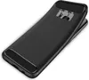 A black phone case with a carbon fiber texture on the top and bottom edges, shown from a diagonal angle on a white background. Produktbild-Vorschau