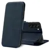 A blue flip case for a smartphone is shown from the side, with the phone partially inserted and its camera visible. Produktbild-Vorschau