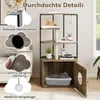 A cat tree with a litter box enclosure, featuring multiple platforms, scratching posts, and a hanging toy, with callouts highlighting its features. Podgląd zdjęcia produktu