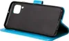 A blue flip case for a smartphone, shown open with the phone inserted. Produktbild-Vorschau