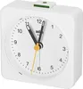 A white analog alarm clock with black hands and a yellow second hand. Podgląd zdjęcia produktu