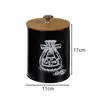 A black coffee canister with a wooden lid and a chalk-like drawing of a coffee bag and beans on it, with size indicators. Náhľad obrázku produktu