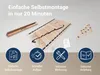 A disassembled bed frame with assembly instructions and icons indicating ease of assembly, quick setup, included tools, and instructions. Produktbild-Vorschau