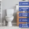 A white toilet in a bathroom setting, with marketing text overlays. Produktbild-Vorschau