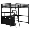 A black metal loft bed with an integrated desk and shelving unit, shown against a white background. Náhled obrázku produktu