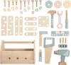 A collection of wooden toy tools and building pieces laid out on a white background. Produktbild-Vorschau