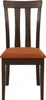 A front view of a dark brown wooden dining chair with an orange fabric seat, isolated on a white background. Voir les images du produit
