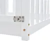 A close-up view of a white wooden bed frame, focusing on the latch mechanism and screws. Náhled obrázku produktu