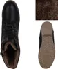 A product image showing a black lace-up boot with brown fur lining, a close-up of the fur material, and the sole of the boot. Produktbild-Vorschau