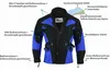 Herren-Motorradjacke in Blau, Vorderansicht. Zahlreiche Protektoren, Reiß- und Knopfverschlüsse, wasserdichte Schichten, YKK-Reißverschluss + Druckknöpfe, verstellbarer Gürtel, Reiß- & Klettverschluss, Innentasche für Motorradanzug. Alle 4 Taschen mit Druc Produktbild-Vorschau