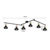 A product image showing a black track light fixture with six adjustable spotlights, each with a wooden accent, against a white background. Dimensions are indicated by measurement lines and text. Voir les images du produit