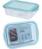 A clear product shot of a rectangular glass food container with a blue lid, shown from two angles. Náhled obrázku produktu