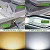 Collage of images showing details of an LED floodlight and its light output. Produktbild-Vorschau