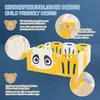 A yellow and white baby playpen with a panda face on one panel, surrounded by descriptive text and close-up views of its features. Produktbild-Vorschau
