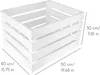 A white wooden crate with dimensions indicated by text and lines. Produktbild-Vorschau