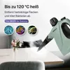 A green steam cleaner is shown spraying steam onto a table, with images of bacteria and dust mites above. Produktbild-Vorschau
