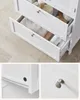 A close-up collage of a white bathroom cabinet with drawers, showing details of the construction and hardware. Produktbild-Vorschau