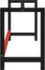 A close-up side view of a black metal workbench frame with a red support beam. Podgląd zdjęcia produktu