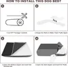 A four-panel diagram illustrating the steps to install a dog bed. Náhled obrázku produktu