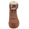 A front view of a brown Skechers boot with white fur trim and white and brown laces. Produktbild-Vorschau