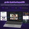 A laptop displaying a video conference and other application windows, with text overlays highlighting storage capacity. Produktbild-Vorschau