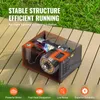 A transparent-cased air compressor with internal components visible, placed on a wooden deck with grass in the background. Feature icons are displayed at the bottom. Produktbild-Vorschau