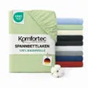 A stack of folded bed sheets in various colors, with one green sheet prominently displayed in the foreground with product information. Produktbild-Vorschau