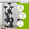 A multi-level cat tree with two cats on it, set against a light gray and white background with green overlay graphics. Náhľad obrázku produktu