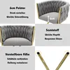 A collage of images showcasing a gray velvet chair with gold legs, highlighting its features. Produktbild-Vorschau