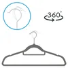 A gray velvet hanger is shown against a white background, with a circular inset demonstrating the hanger's swivel feature and a 360-degree rotation icon. Produktbild-Vorschau