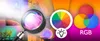 A collage of images showing a sunset lamp, a color wheel, and RGB color mixing. Podgląd zdjęcia produktu