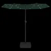 A dark green double patio umbrella with LED lights and a black base, set against a black background. Produktbild-Vorschau