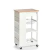 A white kitchen cart with a bamboo top and shelves, on a white background. Produktbild-Vorschau