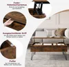 A coffee table with a lift-top mechanism and storage is shown in a living room setting, with close-up insets highlighting its features. Produktbild-Vorschau