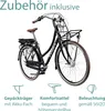 A black electric bicycle with various accessories and feature descriptions presented below. Produktbild-Vorschau