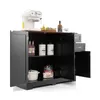 A black storage cabinet with two doors and two drawers, displaying various items on its top surface and inside. Podgląd zdjęcia produktu