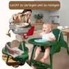 A collage showing a baby in a high chair, a mother feeding a baby, and a hand cleaning the high chair. Produktbild-Vorschau