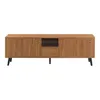 A wooden TV stand with black legs against a white background. Produktbild-Vorschau
