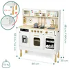 A detailed view of a wooden toy kitchen with various accessories and dimensions indicated. Produktbild-Vorschau