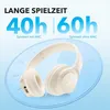 A pair of cream-colored over-ear headphones are displayed on a light blue circular background resembling a clock face. Text overlays highlight battery life. Produktbild-Vorschau
