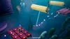 A small character in a video game is swinging on a blue light beam in an underwater environment. Produktbild-Vorschau
