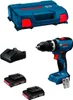 A Bosch cordless hammer drill kit with accessories and a case, laid out on a white background. Náhled obrázku produktu