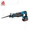 A cordless reciprocating saw with a battery pack attached, shown against a white background with graphic elements. Produktbild-Vorschau