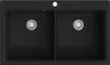 A top-down view of a black double basin granite sink with a faucet hole. Náhled obrázku produktu